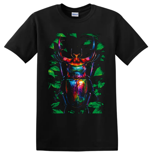 Rainbow stag beetle illustration with green forest leaves in neon-style colors on a Black T Shirt