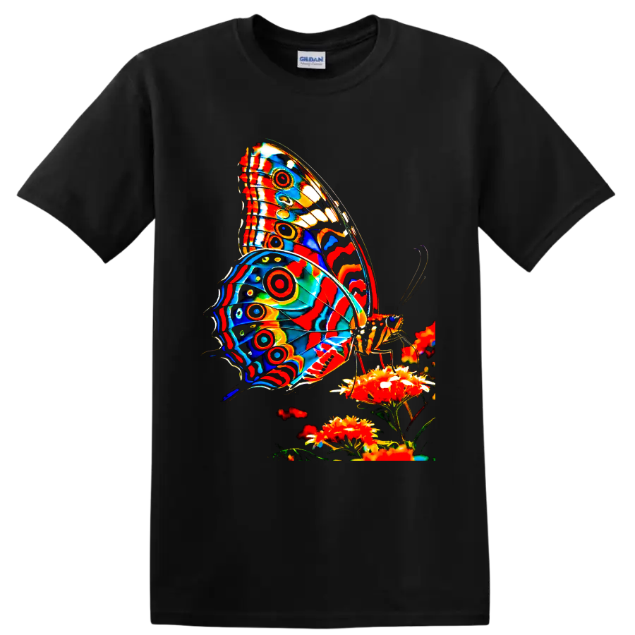 Psychedelic butterfly with vivid patterned wings perched on bright garden flowers on a Black T Shirt