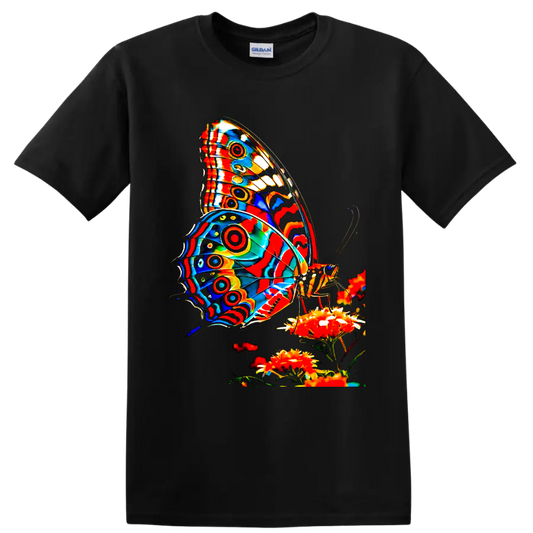 Psychedelic butterfly with vivid patterned wings perched on bright garden flowers on a Black T Shirt