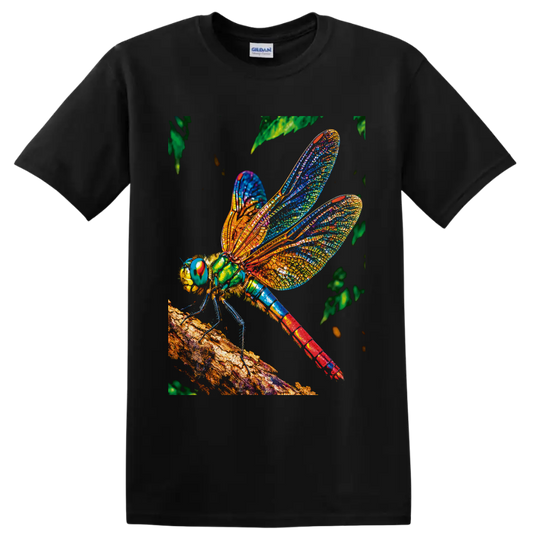 Colorful stained-glass-style dragonfly perched on a textured branch with leafy foliage on a Black T Shirt