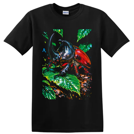 Colorful rhinoceros beetle illustration on glossy tropical rainforest leaves on a Black T Shirt