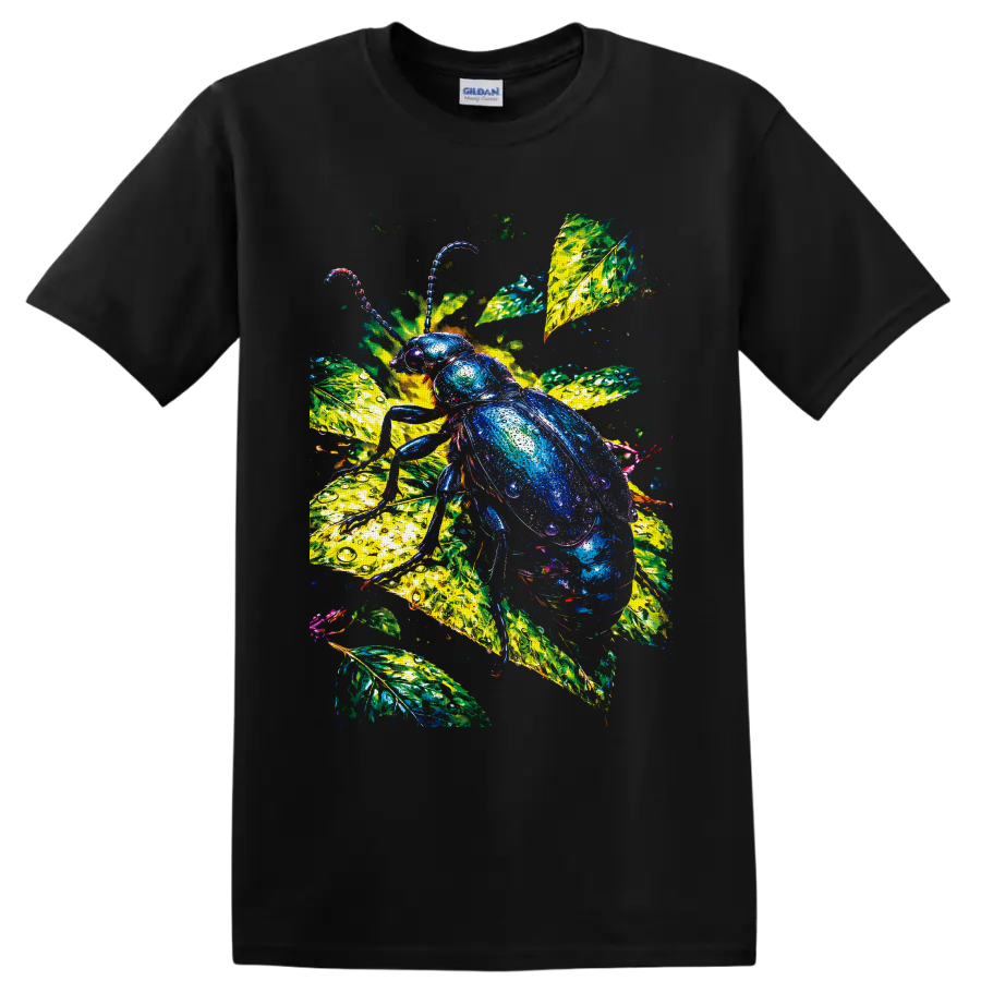 Jewel-toned beetle on luminous tropical leaves with water-droplet texture on a Black T Shirt