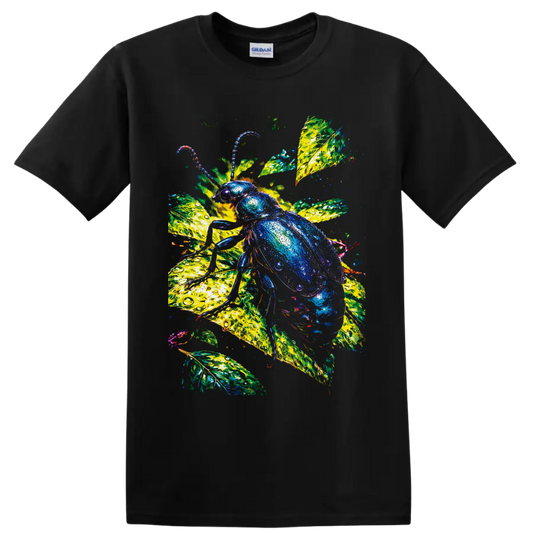 Jewel-toned beetle on luminous tropical leaves with water-droplet texture on a Black T Shirt