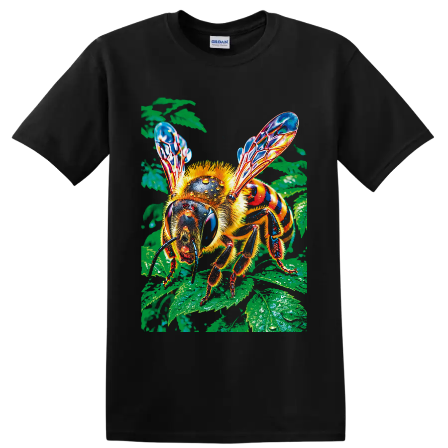 Colorful honey bee with translucent wings on glossy green garden leaves on a Black T Shirt
