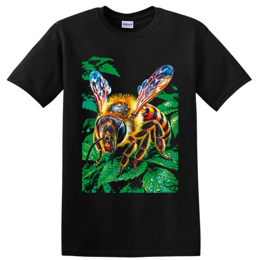 Colorful honey bee with translucent wings on glossy green garden leaves on a Black T Shirt