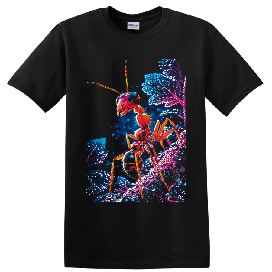 Neon red ant macro illustration on glowing blue and purple leaves with water droplets on a Black T Shirt