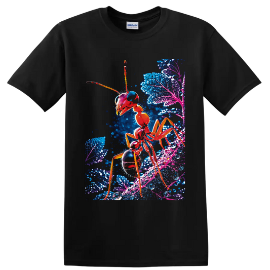 Neon red ant macro illustration on glowing blue and purple leaves with water droplets on a Black T Shirt