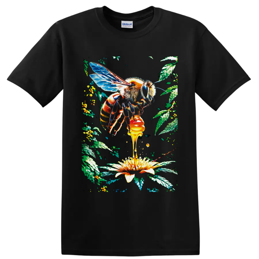 Detailed Honey Bee with blue wings, dripping honey, yellow flower, and botanical leaves on a Black T Shirt