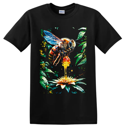 Detailed Honey Bee with blue wings, dripping honey, yellow flower, and botanical leaves on a Black T Shirt