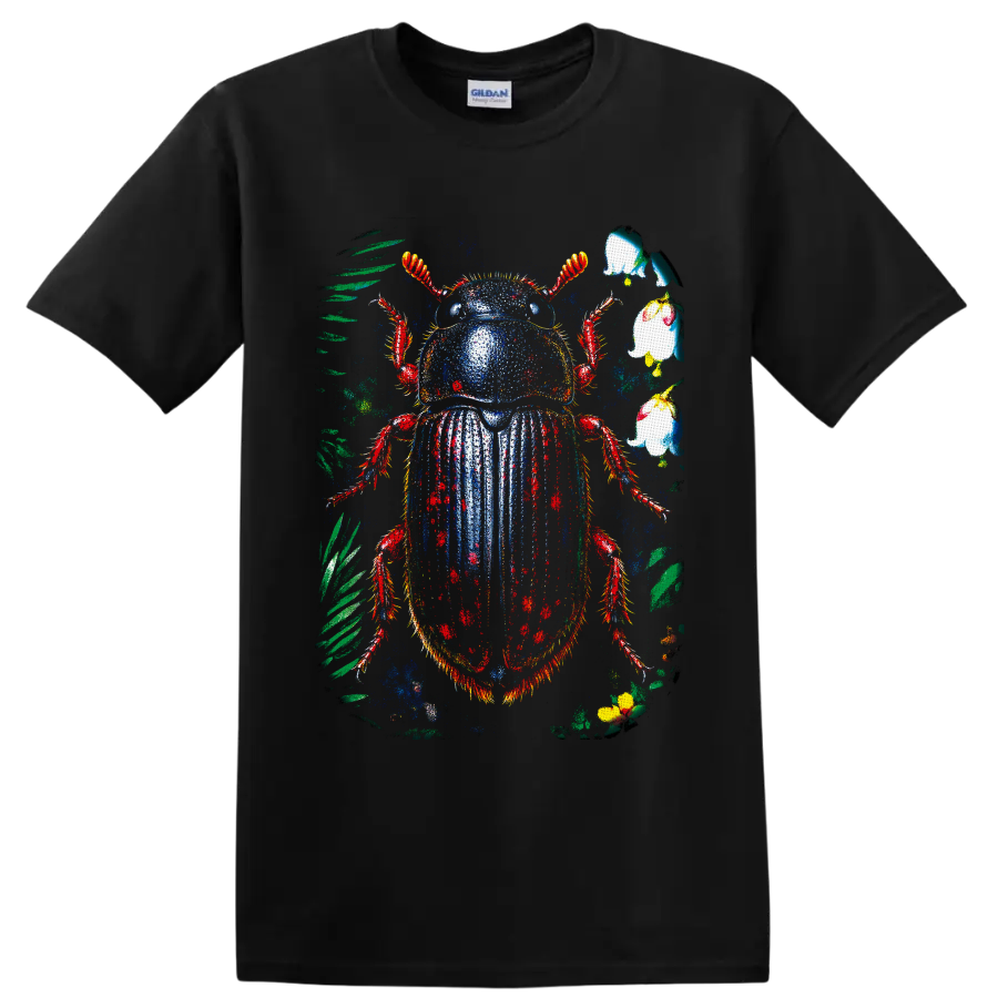 Distressed colorful beetle with tropical leaves and pale blossoms on a Black T Shirt
