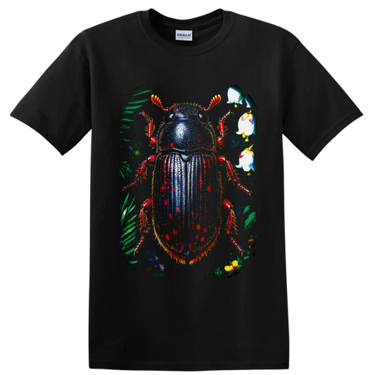 Distressed colorful beetle with tropical leaves and pale blossoms on a Black T Shirt