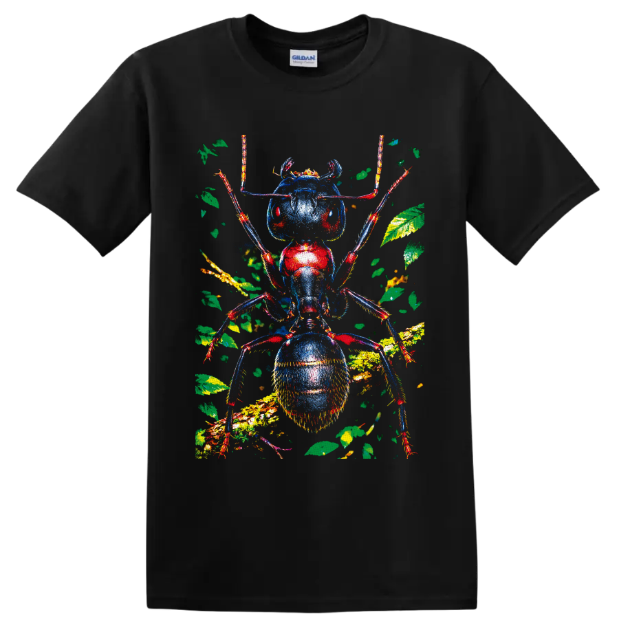 Colorful macro ant portrait with blue and red body, leafy forest branches and antennae on a Black T Shirt