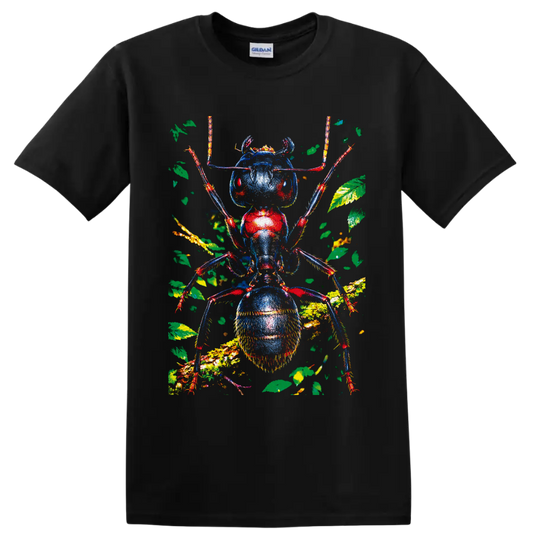 Colorful macro ant portrait with blue and red body, leafy forest branches and antennae on a Black T Shirt