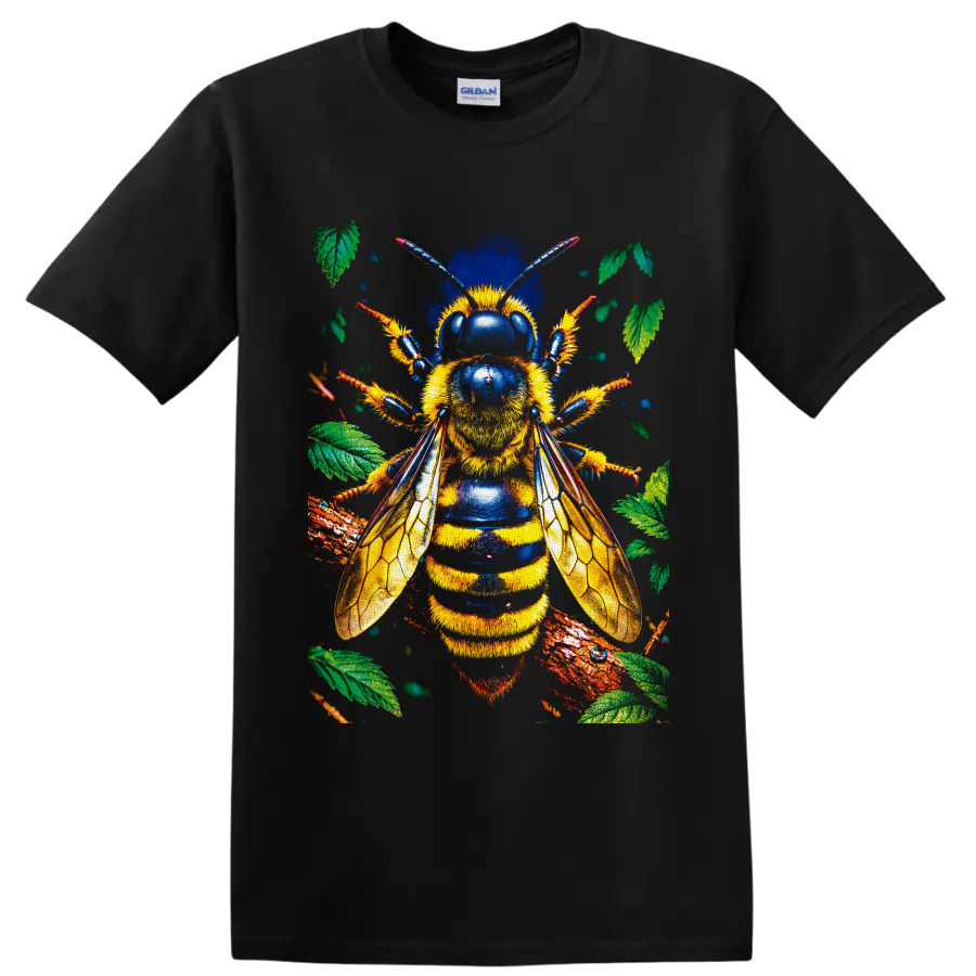 Detailed bumblebee with golden wings, blue accents, leaves, and branches on a Black T Shirt