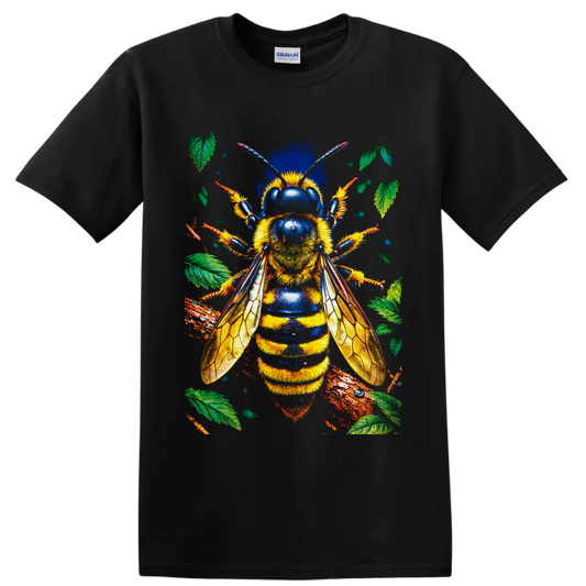 Detailed bumblebee with golden wings, blue accents, leaves, and branches on a Black T Shirt