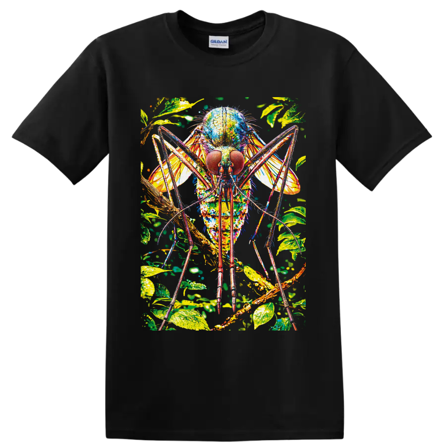 Colorful close-up mosquito illustration with tropical leaves, wings, and branches on a Black T Shirt