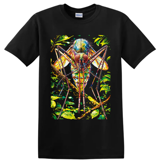 Colorful close-up mosquito illustration with tropical leaves, wings, and branches on a Black T Shirt