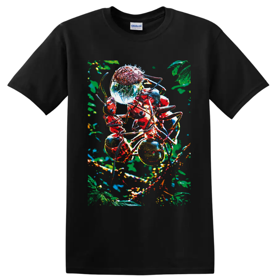 Colorful red ants among berries and leaves in surreal macro forest art on a Black T Shirt