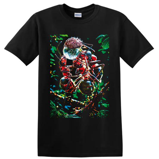 Colorful red ants among berries and leaves in surreal macro forest art on a Black T Shirt