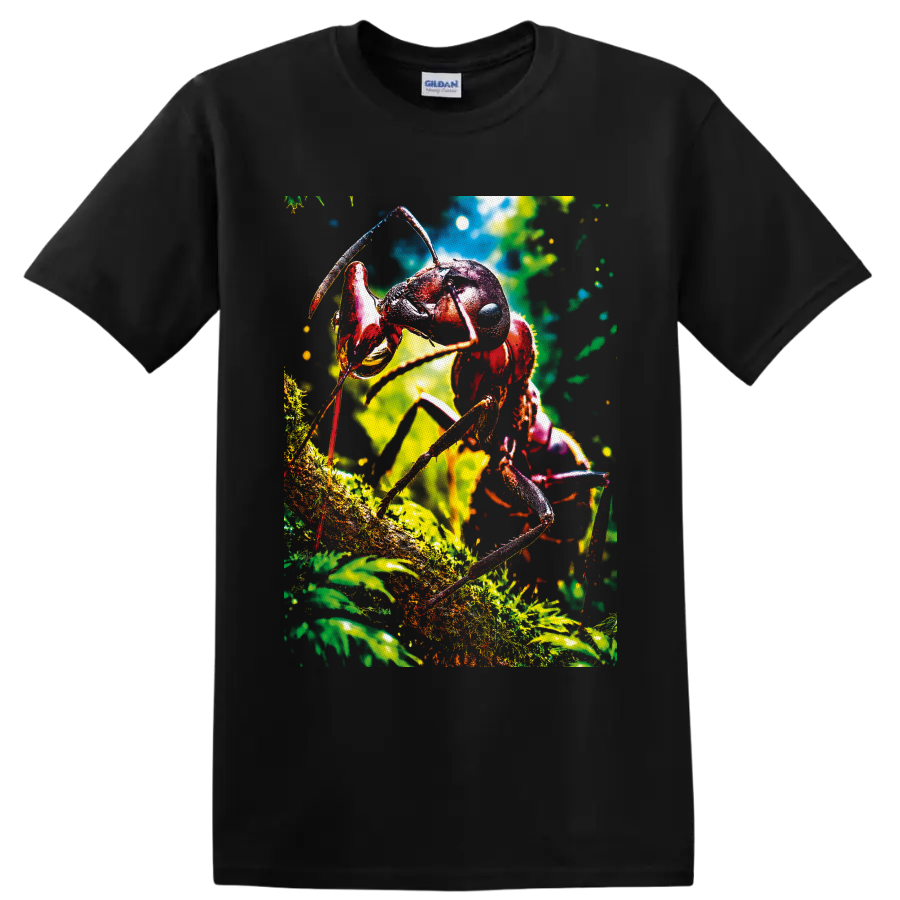 Colorful macro ant climbing on a mossy branch in a sunlit forest on a Black T Shirt