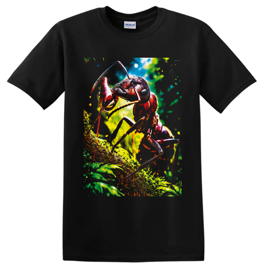 Colorful macro ant climbing on a mossy branch in a sunlit forest on a Black T Shirt