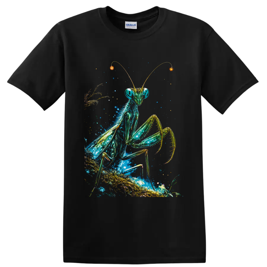Cosmic praying mantis illustration with stars, glowing plants, mushrooms, and golden on a Black T Shirt