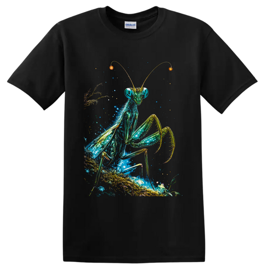 Cosmic praying mantis illustration with stars, glowing plants, mushrooms, and golden on a Black T Shirt