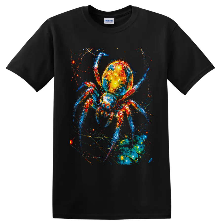 Neon cosmic spider with glowing galaxy abdomen, colorful legs, and web-like sparks on a Black T Shirt
