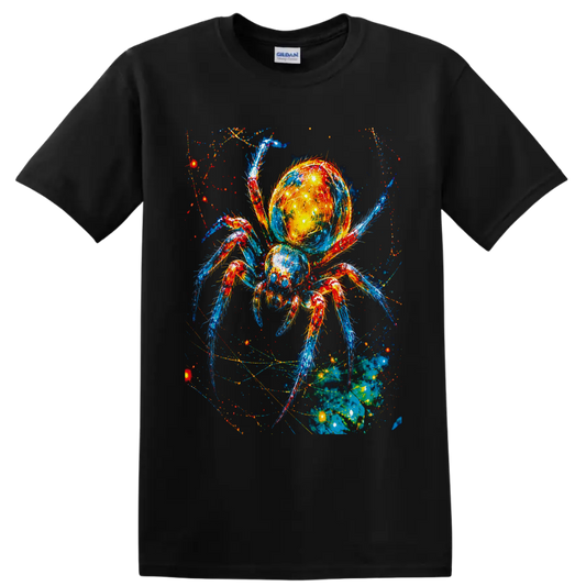 Neon cosmic spider with glowing galaxy abdomen, colorful legs, and web-like sparks on a Black T Shirt