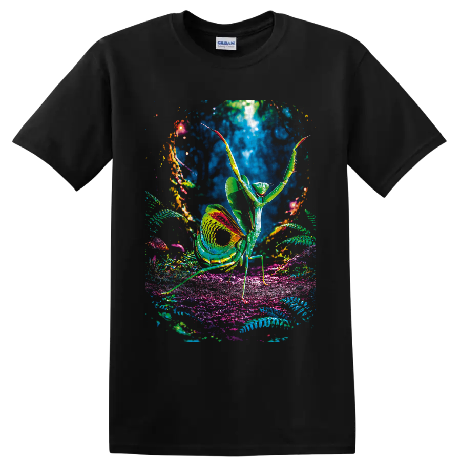 Psychedelic praying mantis amid glowing ferns, mushrooms, and colorful forest plants on a Black T Shirt