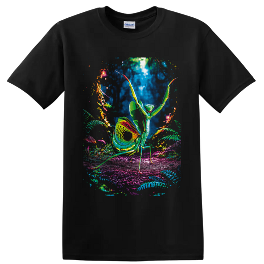 Psychedelic praying mantis amid glowing ferns, mushrooms, and colorful forest plants on a Black T Shirt