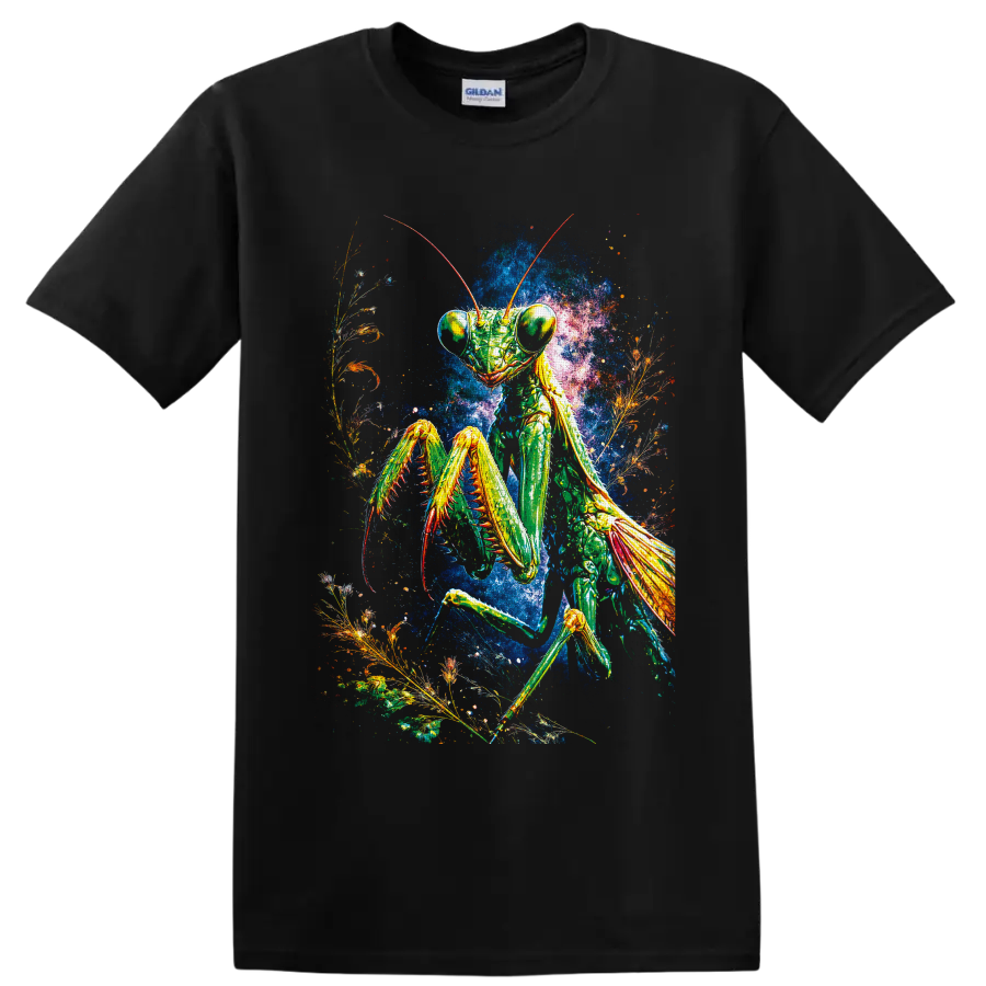 Psychedelic praying mantis with botanical fronds and a vivid cosmic background on a Black T Shirt