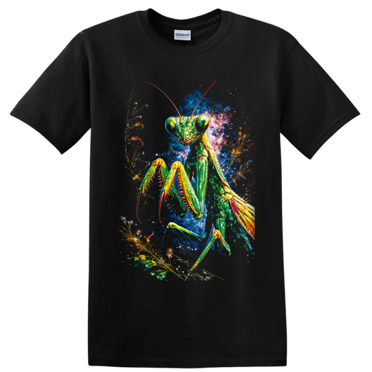 Psychedelic praying mantis with botanical fronds and a vivid cosmic background on a Black T Shirt