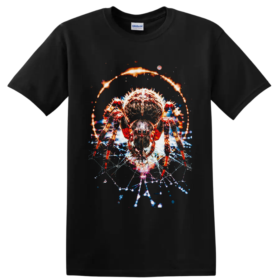 Tarantula with fiery halo, glowing web strands, and cosmic dark fantasy effects on a Black T Shirt