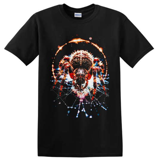 Tarantula with fiery halo, glowing web strands, and cosmic dark fantasy effects on a Black T Shirt