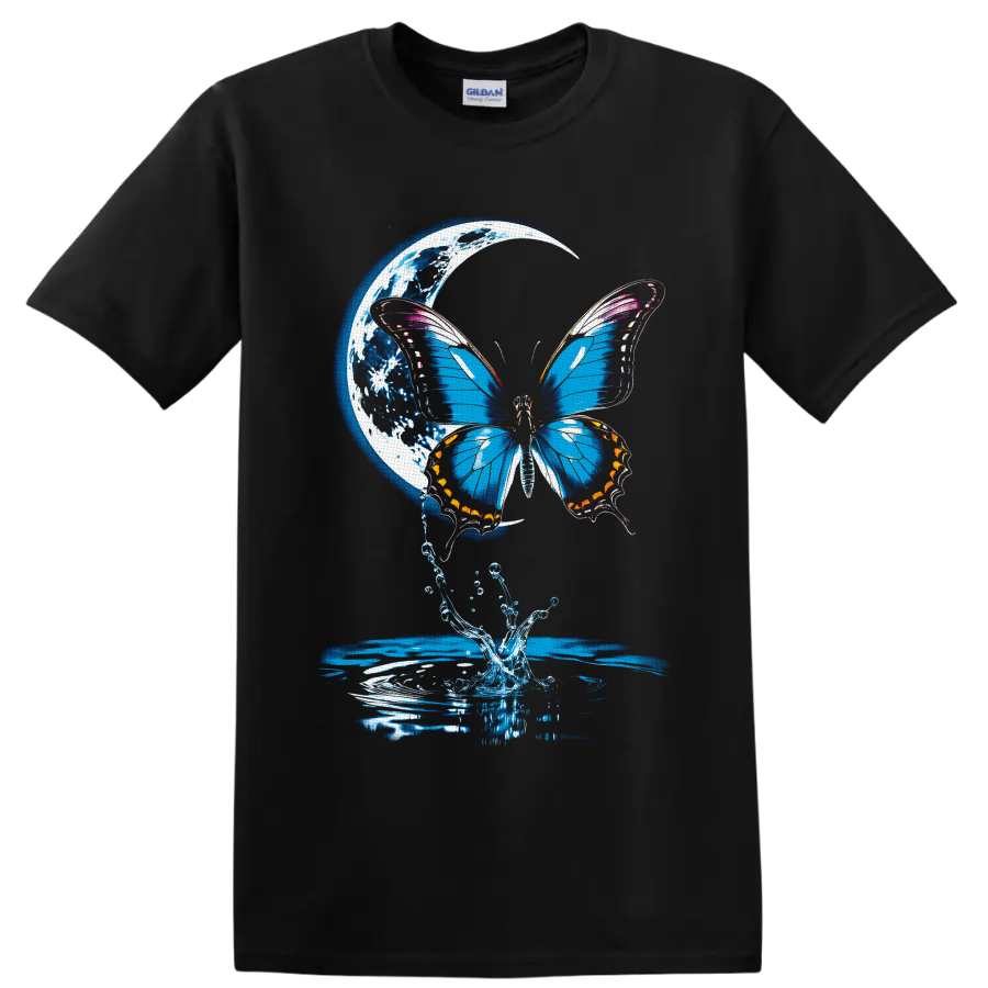 Blue butterfly with crescent moon, water splash, and rippling fantasy nature art on a Black T Shirt