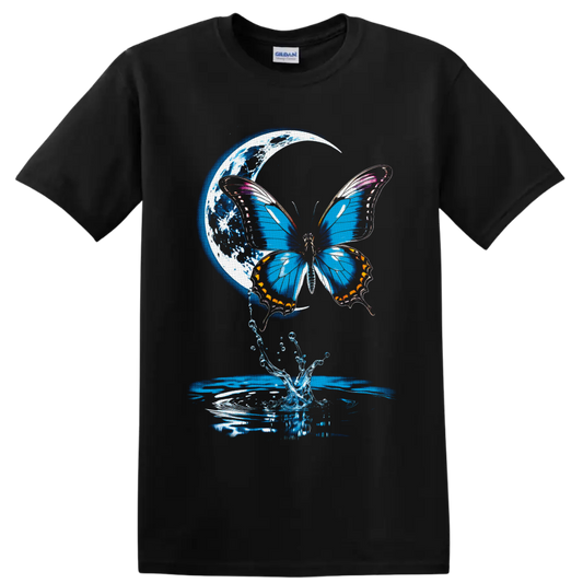 Blue butterfly with crescent moon, water splash, and rippling fantasy nature art on a Black T Shirt