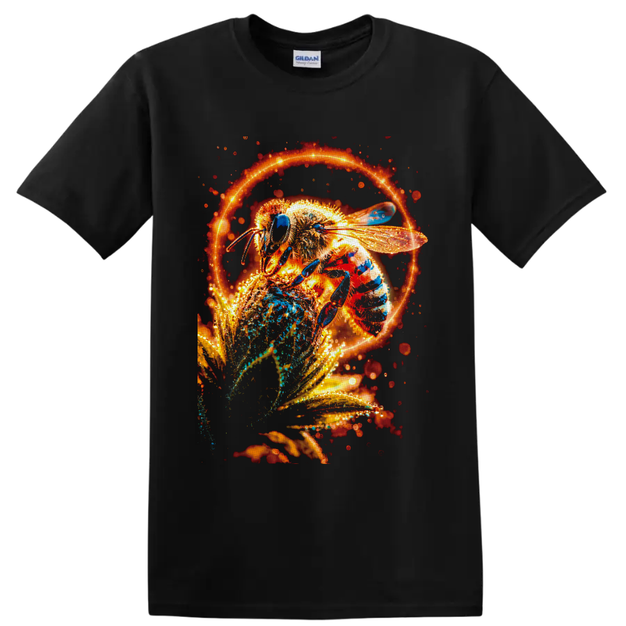 Glowing honey bee on a flower with fiery orange light ring and sparkling botanical art on a Black T Shirt
