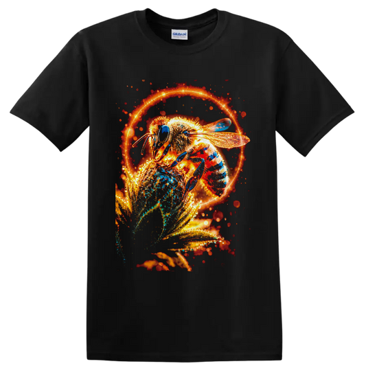 Glowing honey bee on a flower with fiery orange light ring and sparkling botanical art on a Black T Shirt