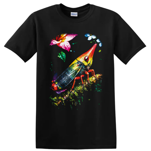 Colorful grasshopper with blue wings on a leafy branch among tropical flowers on a Black T Shirt