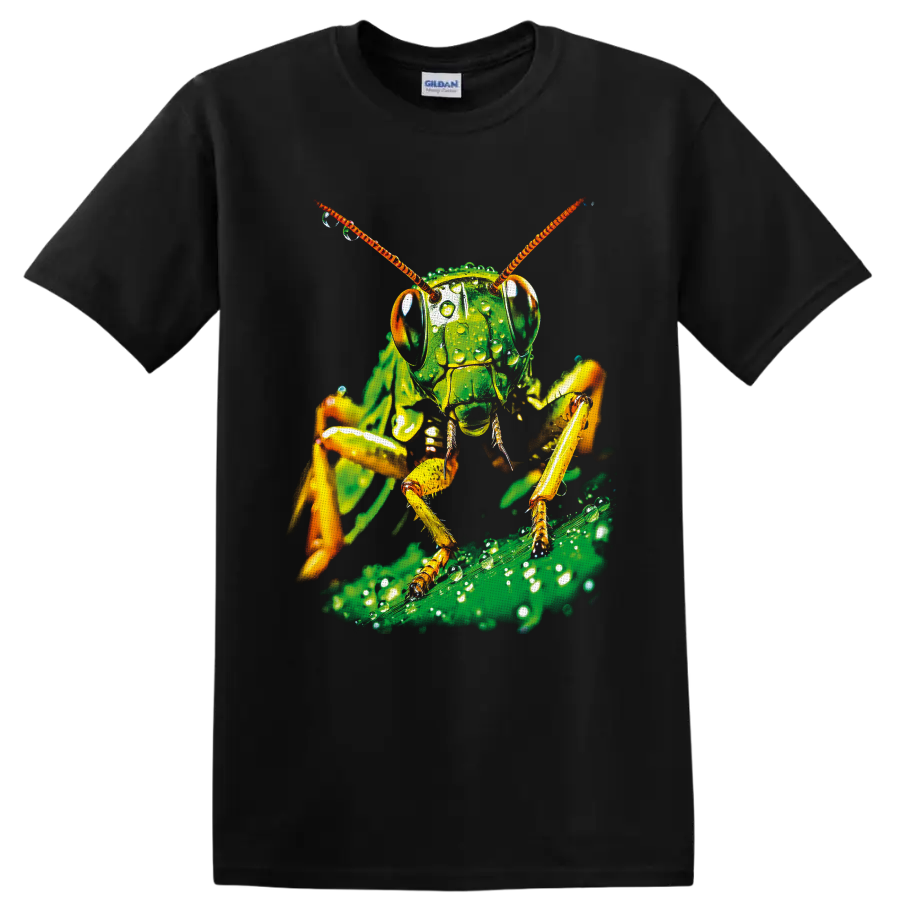Dew-covered grasshopper macro art with orange antennae on a green leaf on a Black T Shirt
