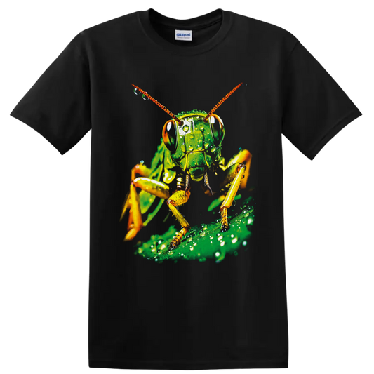 Dew-covered grasshopper macro art with orange antennae on a green leaf on a Black T Shirt