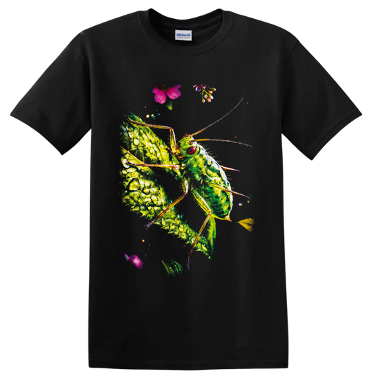 Detailed green katydid on a dew-covered leaf with small pink and purple flowers on a Black T Shirt
