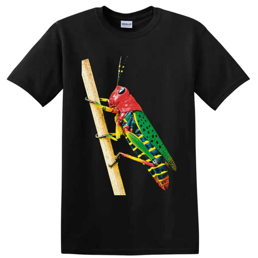 Colorful grasshopper climbing a branch in detailed wildlife illustration on a Black T Shirt