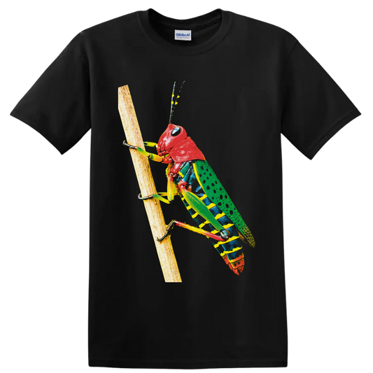 Colorful grasshopper climbing a branch in detailed wildlife illustration on a Black T Shirt