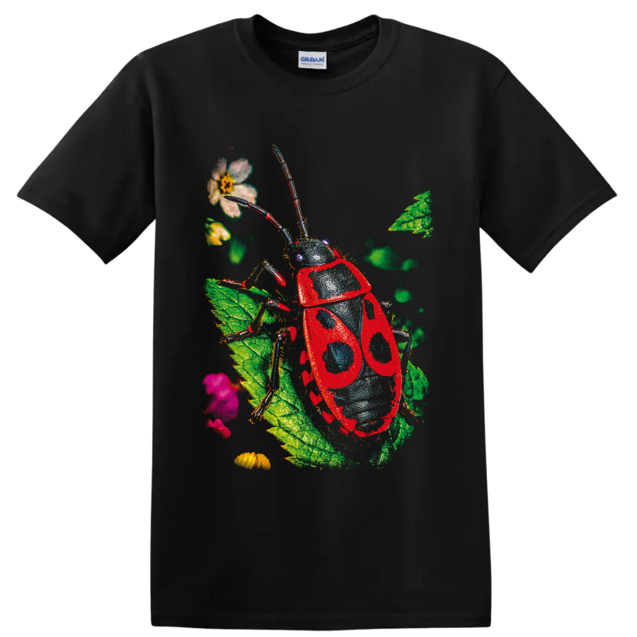 Red spotted beetle illustration with leaves, flowers, and long antennae on a Black T Shirt