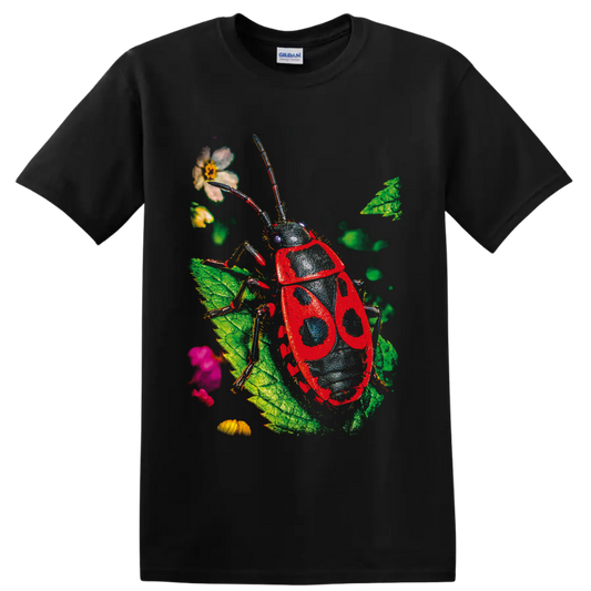 Red spotted beetle illustration with leaves, flowers, and long antennae on a Black T Shirt