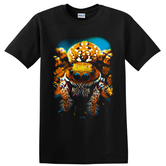 Jumping spider beneath spotted mushrooms in vivid psychedelic forest illustration on a Black T Shirt