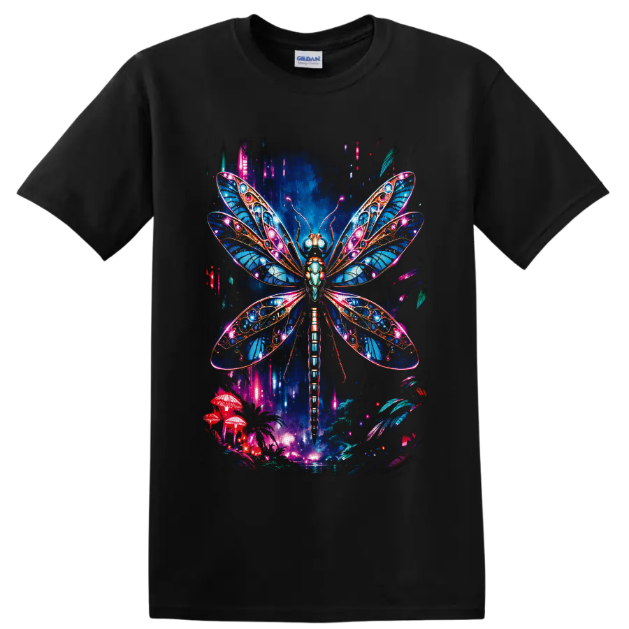 Neon fantasy dragonfly with jeweled blue wings over glowing mushrooms and woodland on a Black T Shirt