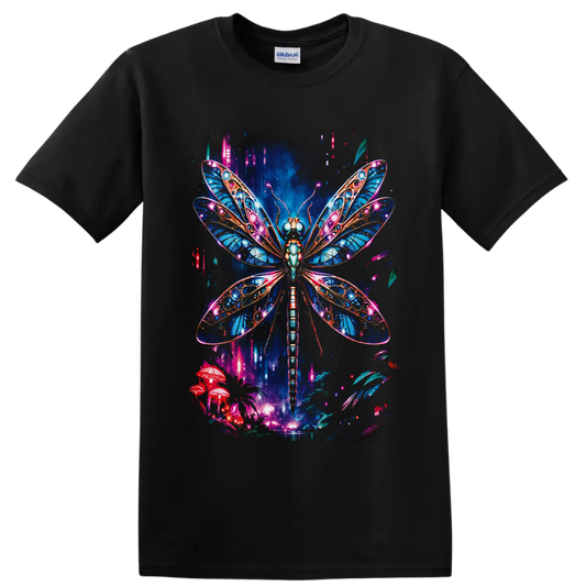 Neon fantasy dragonfly with jeweled blue wings over glowing mushrooms and woodland on a Black T Shirt